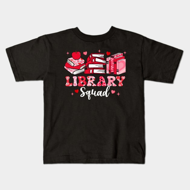 Library Squad Book Leopard Hearts Librarian Valentine_s Day Kids T-Shirt by jadolomadolo